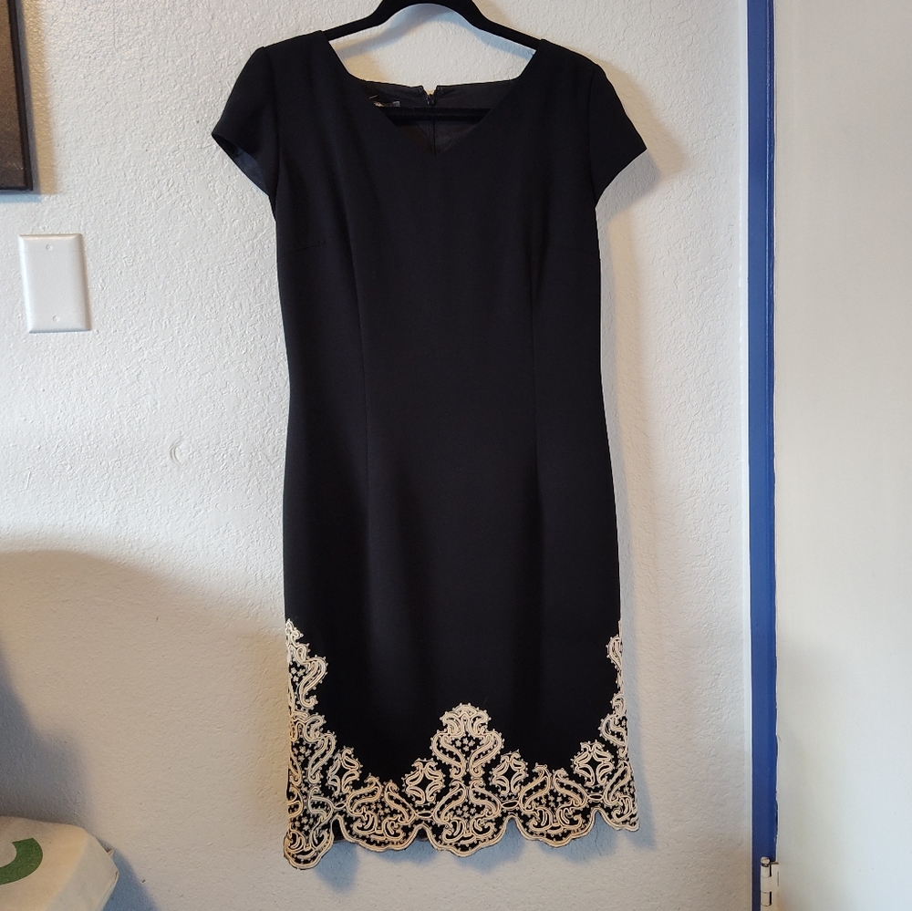 Women's Black Midi Dress with Cream Lace Hem Size 12